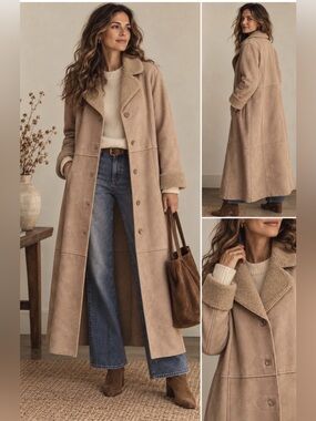 J.Jill Long Faux Shearling Coat L Tan Suede Penny Lane Boho Western 70s